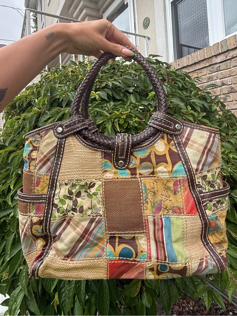 Vintage Fossil Patchwork Tote Bag Y2K Boho Leather Trim Shoulder Bag EUC - Picture 4 of 7